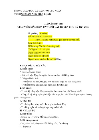 Giáo án Mầm non Lớp Nhà trẻ - Đề tài: Vận động theo nhạc Bóng tròn - Năm học 2024-2025 - Lãnh Thị Đông