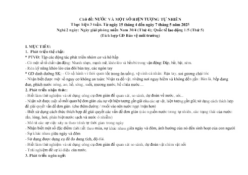 Kế hoạch bài dạy Mầm non Lớp Chồi - Chủ đề: Nước và 1 số hiện tượng tự nhiên - Năm học 2024-2025