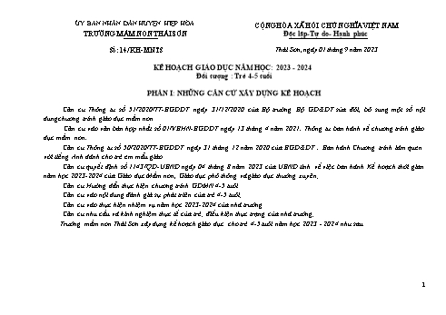 Kế hoạch bài dạy Mầm non Lớp Chồi - Năm học 2023-2024 - Trường Mầm non Thái Sơn