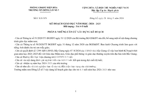 Kế hoạch bài dạy Mầm non Lớp Chồi - Năm học 2024-2025 - Trường Mầm non Đông Lỗ số 3