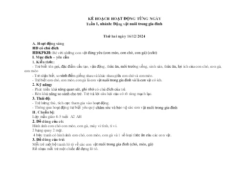 Kế hoạch bài dạy Mầm non Lớp Chồi - Tuần 1, Nhánh: Động vật nuôi trong gia đình - Năm học 2024-2025