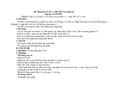 Kế hoạch bài dạy Mầm non Lớp Chồi - Tuần 1, Nhánh: Gia đình bé - Năm học 2024-2025