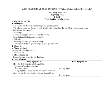 Kế hoạch bài dạy Mầm non Lớp Chồi - Tuần 4, Chủ đề nhánh: Bác thợ xây - Năm học 2024-2025