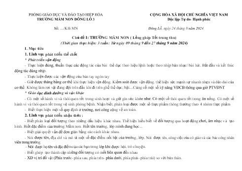 Kế hoạch bài dạy Mầm non Lớp Lá - Chủ đề 1: Trường Mầm non (Lồng ghép Tết Trung thu) - Năm học 2024-2025 - Trường Mầm non Đông Lỗ 3