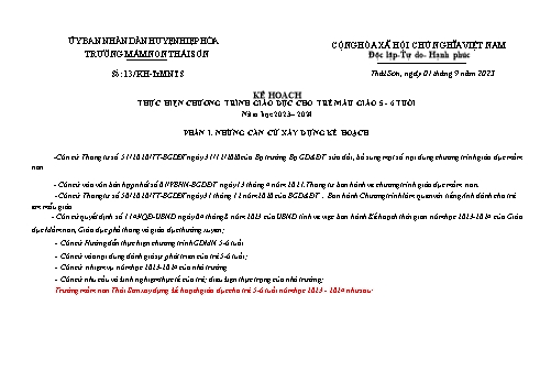 Kế hoạch bài dạy Mầm non Lớp Lá - Năm học 2023-2024 - Trường Mầm non Thái Sơn