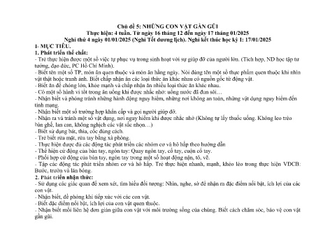 Kế hoạch bài dạy Mầm non Lớp Mầm - Chủ đề 5: Những con vật gần gũi - Năm học 2024-2025