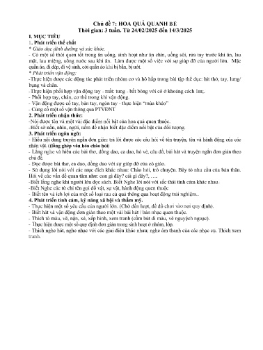 Kế hoạch bài dạy Mầm non Lớp Mầm - Chủ đề 7: Hoa quả quanh bé - Năm học 2024-2025