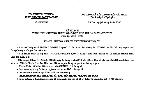 Kế hoạch giáo dục cho trẻ Mẫu giáo 24-36 tháng tuổi - Năm học 2024-2025 - Dương Thị Thành