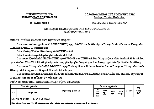 Kế hoạch giáo dục cho trẻ Mẫu giáo 3-4 tuổi - Năm học 2024-2025 - Dương Thị Thành