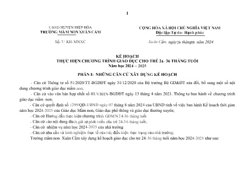 Kế hoạch thực hiện chương trình giáo dục cho trẻ 24-36 tháng tuổi - Năm học 2024-2025 - Trường Mầm non Xuân Cẩm