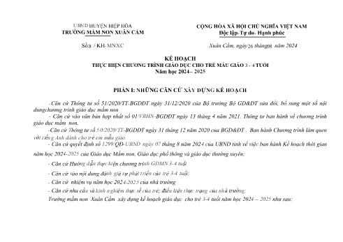 Kế hoạch thực hiện chương trình giáo dục trẻ Mẫu giáo 3-4 tuổi - Năm học 2024-2025 - Trường Mầm non Xuân Cẩm