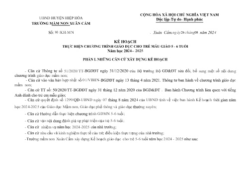 Kế hoạch thực hiện chương trình giáo dục trẻ Mẫu giáo 5-6 tuổi - Năm học 2024-2025 - Trường Mầm non Xuân Cẩm