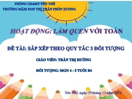 Bài giảng Mầm non Lớp Chồi - Đề tài: Sắp xếp theo quy tắc 3 đối tượng - Năm học 2023-2024 - Trần Thị Hường