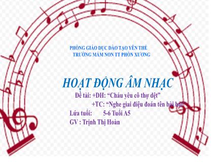 Bài giảng Mầm non Lớp Lá - Đề tài: Dạy hát Cháu yêu cô thợ điện. Trò chơi Nghe giai điệu đoán tên bài hát - Trịnh Thị Hoàn