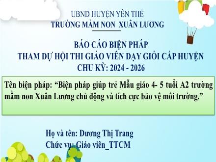 Biện pháp giúp trẻ Mẫu giáo 4-5 tuổi A2 trường mầm non Xuân Lương chủ động và tích cực bảo vệ môi trường