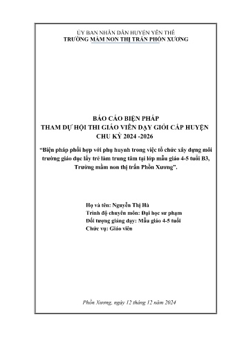 Biện pháp phối hợp với phụ huynh trong việc tổ chức xây dựng môi trường giáo dục lấy trẻ làm trung tâm tại lớp mẫu giáo 4-5 tuổi B3, Trường mầm non thị trấn Phồn Xương