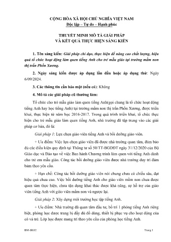 Giải pháp chỉ đạo, thực hiện để nâng cao chất lượng, hiệu quả tổ chức hoạt động làm quen tiếng Anh cho trẻ mẫu giáo tại trường mầm non thị trấn Phồn Xương