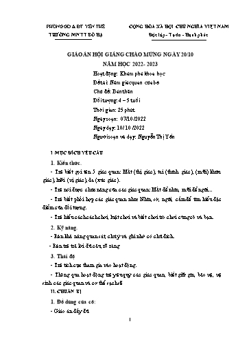 Giáo án Mầm non Lớp Chồi - Chủ đề: Bản thân - Đề tài: Năm giác quan của bé - Năm học 2022-2023 - Nguyễn Thị Yến