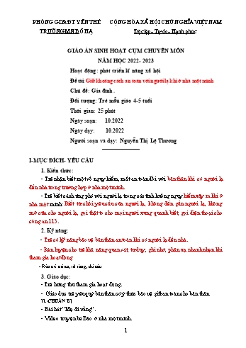 Giáo án Mầm non Lớp Chồi - Chủ đề: Gia đình - Đề tài: Giữ khoảng cách an toàn với mọi người lạ khi ở nhà 1 mình - Năm học 2022-2023 - Nguyễn Thị Lệ Thương