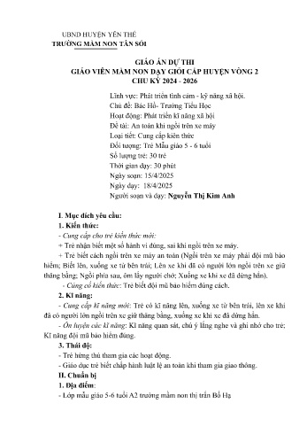 Giáo án Mầm non Lớp Lá - Chủ đề: Bác Hồ. Trường Tiểu Học - Đề tài: An toàn khi ngồi trên xe máy - Năm học 2024-2025 - Nguyễn Thị Kim Anh