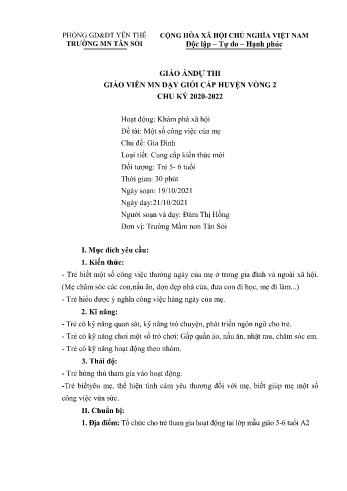 Giáo án Mầm non Lớp Lá - Chủ đề: Gia đình - Đề tài: Một số công việc của mẹ - Năm học 2021-2022 - Đàm Thị Hồng