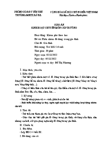 Giáo án Mầm non Lớp Lá - Chủ đề: Gia đình - Đề tài: Phân nhóm đồ dùng trong gia đình - Năm học 2022-2023 - Đỗ Thị Nhường