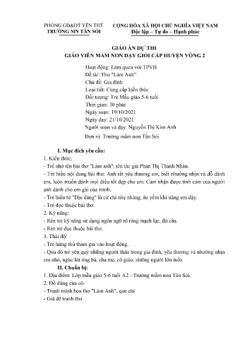 Giáo án Mầm non Lớp Lá - Chủ đề: Gia đình - Đề tài: Thơ Làm anh - Năm học 2021-2022 - Nguyễn Thị Kim Anh