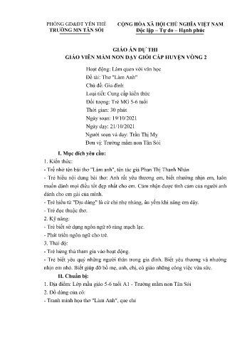 Giáo án Mầm non Lớp Lá - Chủ đề: Gia đình - Đề tài: Thơ Làm anh - Năm học 2021-2022 - Trần Thị Mỵ