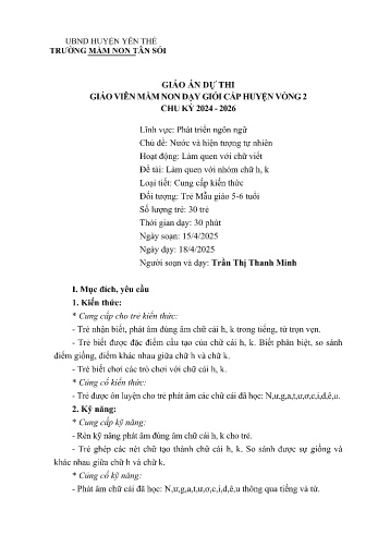 Giáo án Mầm non Lớp Lá - Chủ đề: Nước và hiện tượng tự nhiên - Đề tài: Làm quen với h, k - Năm học 2024-2025 - Trần Thị Thanh Minh