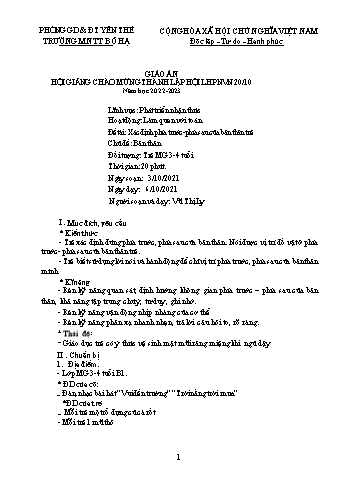 Giáo án Mầm non Lớp Mầm - Chủ đề: Bản thân - Đề tài: Xác định phía trước-phía sau của bản thân trẻ - Năm học 2021-2022 - Vũ Thị Ly