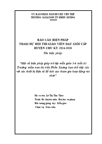 Một số biện pháp giúp trẻ lớp mẫu giáo 5-6 tuổi A5 Trường mầm non thị trấn Phồn Xương hạn chế tiếp xúc với các thiết bị điện tử để tích cực tham gia hoạt động vui chơi