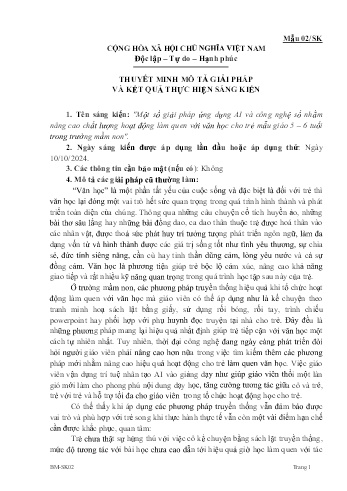 Một số giải pháp ứng dụng AI và công nghệ số nhằm nâng cao chất lượng hoạt động làm quen với văn học cho trẻ mẫu giáo 5 – 6 tuổi trong trường mầm non